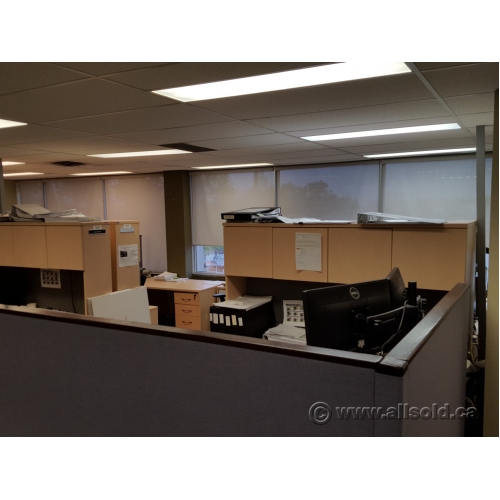 Blue Fabric Panel Office Cubicle Dividers, Dark Wood Trim Allsold.ca